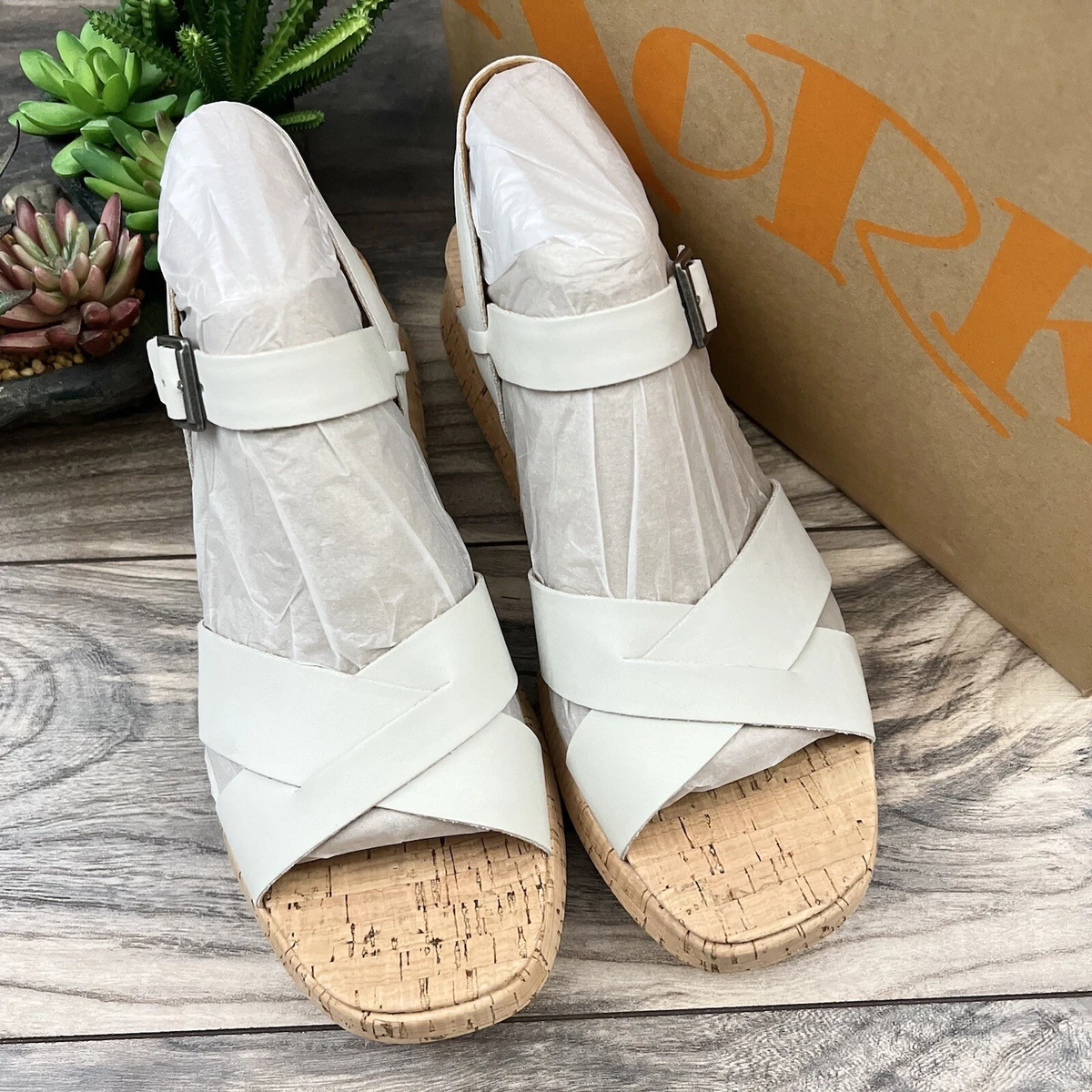 NIB Korks Kalie Cork Platform Wedge Strappy Leather Sandal White