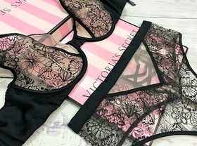 Victoria's Secret LUXE LINGERIE Unlined Floral Embroidered Plunge Bra Set Cheeky