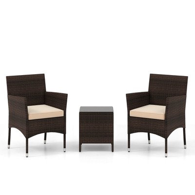 3 PCS Outdoor Conversation Set with Cushioned Seat and Tempered Glass Tabletop