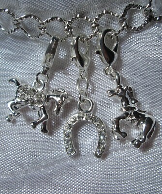 1 Charm Fer A Cheval Perle Metal Argente Strass Breloque Mousqueton