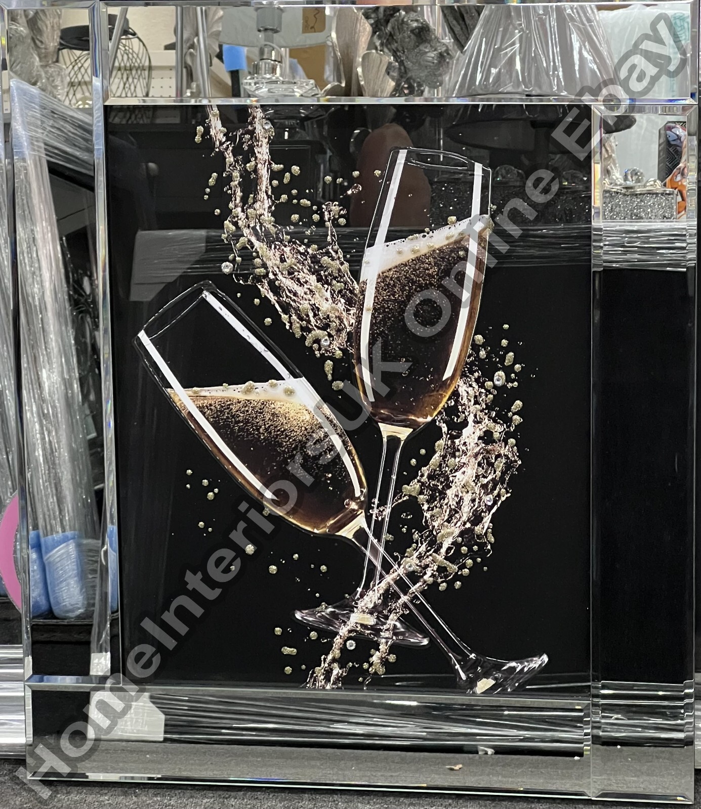 Two champagne glasses wall art picture with liquid art, crystals