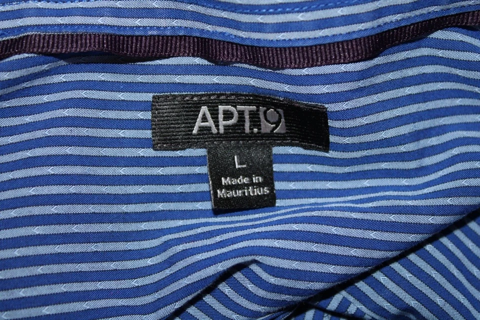 APT. Camisa de 9 botones para hombre talla L azul a rayas manga larga cuello algodón Foto 3 de 3