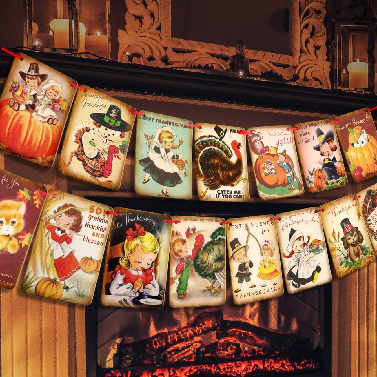 Vintage Thanksgiving Banner with Turkey and Pumpkin Garland Decor