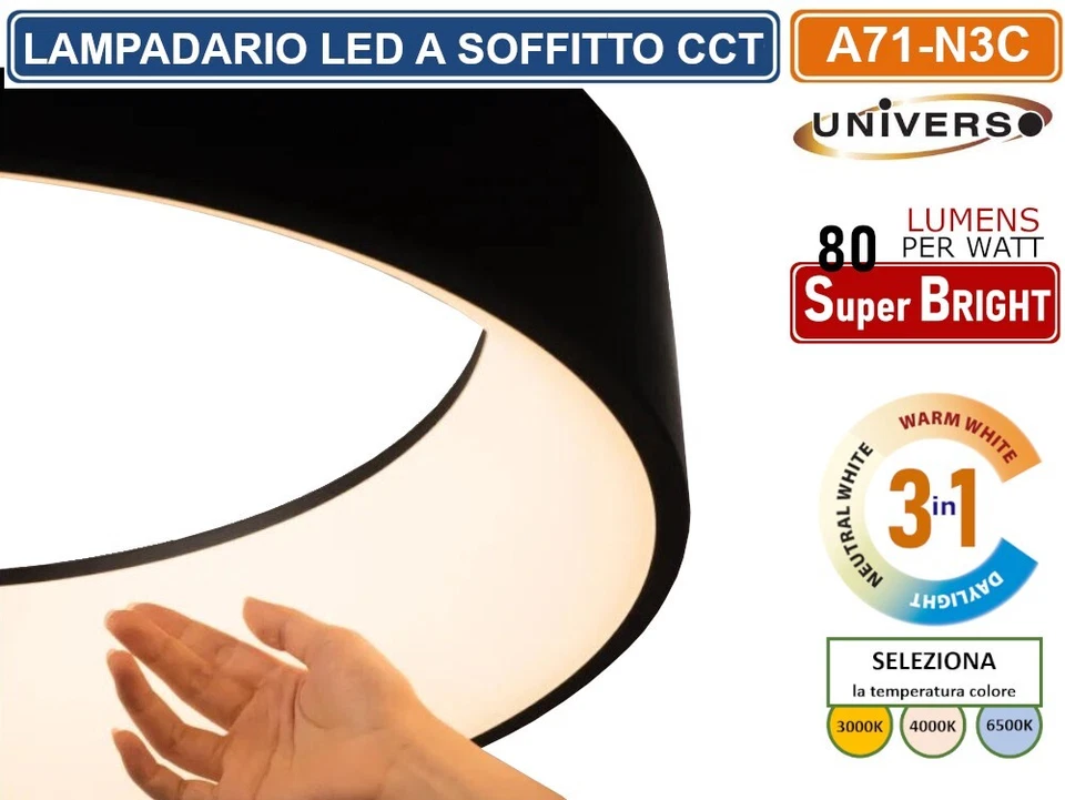 LAMPADARIO LED SMD A SOSPENSIONE DESIGN CIRCOLARE 43W COLORE NERO CCT 3IN1. - Immagine 4 di 4
