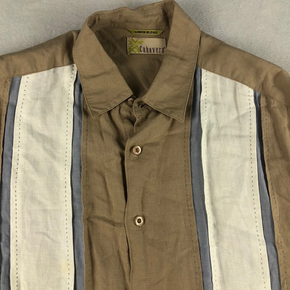Camisa masculina Cubavera grande bege mistura de linho listrada havaiana manga curta - Imagem 2 de 4