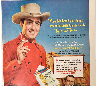 tyrone cigarettes Tyrone Power American Guerilla Movie Smoking Chesterfield 1950 Ad Magazine  Print