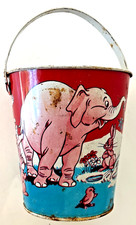Vtg J Chein Tin Litho Sand Pail Bucket 50s USA Red White Blue Elephant Pig Frog