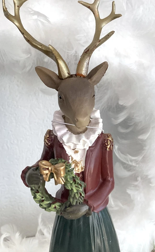 Großer Hirsch Hirschdame mit Kranz  Figur Skulptur, Rot - Grün - Gold, 36 cm - Bild 2 von 4