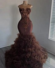 Brown Beaded Prom Dresses Luxury Black Girls Mermaid Diamonds Ruffles Buttom hot