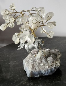 Brazilian White Quartz Gemstone Tree & Unicorn on Amethyst Cluster Crystal Decor