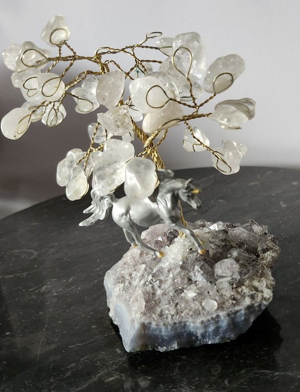 Brazilian White Quartz Gemstone Tree & Unicorn on Amethyst Cluster Crystal Decor