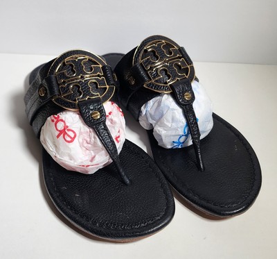 Tory Burch Amanda Thong Black Tumbled Leather Sandals Flip Flops Womens 10.5 M