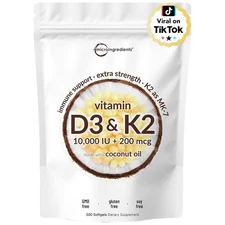 Vitamin D3 10000 IU + K2 MK-7 200 mcg 300 Softgels | Virgin Coconut Oil | 2-i...