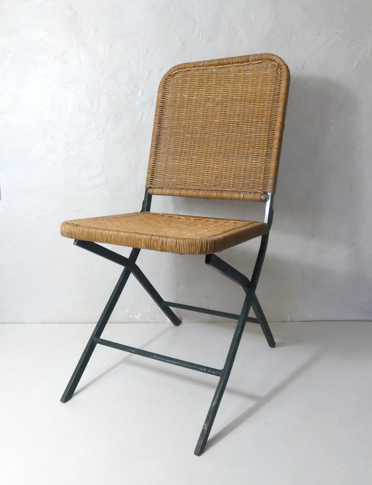 chaise pliante vintage en rotin et métal - Photo 3/4