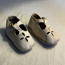 Vintage Children's Beige Leather T-Strap Mary Jane Cutout Baby Shoes