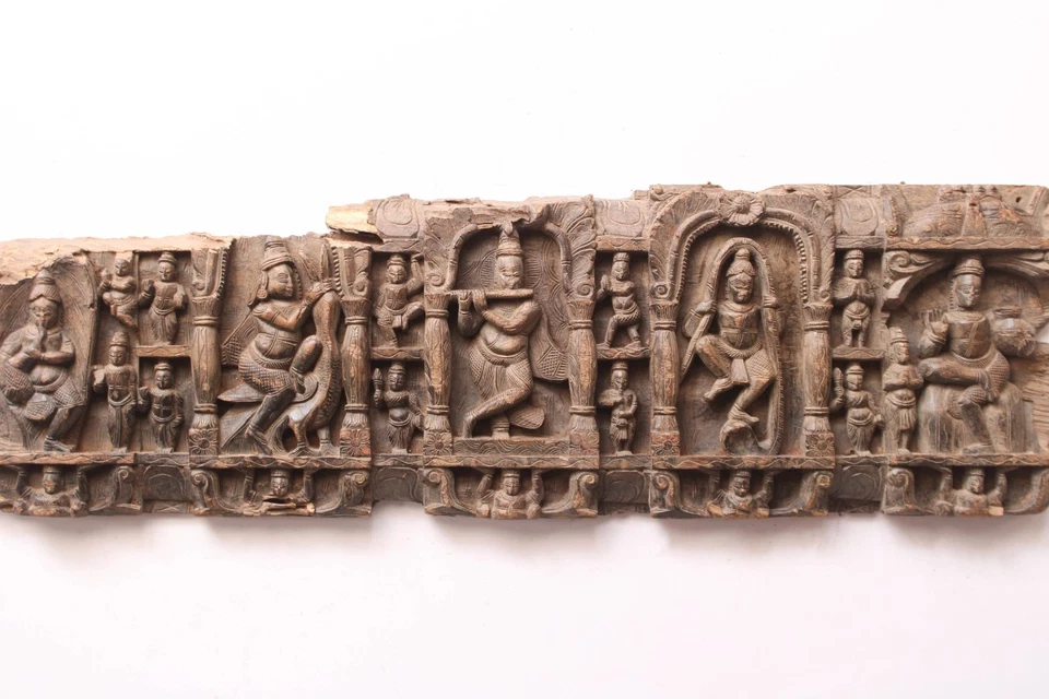 Painel de parede de madeira estátua de Krishna antiga real decoração hindu escultura em templo - Imagem 2 de 4