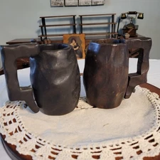 Vtg Hand Carved Wooden Mug Set 2 Gothic Primitive Style Made In Spain