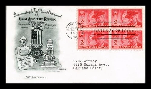 CIVIL WAR GRAND ARMY FINAL REUNION INDIANAPOLIS 1949 ARTMASTER CACHET FDC BLOCK