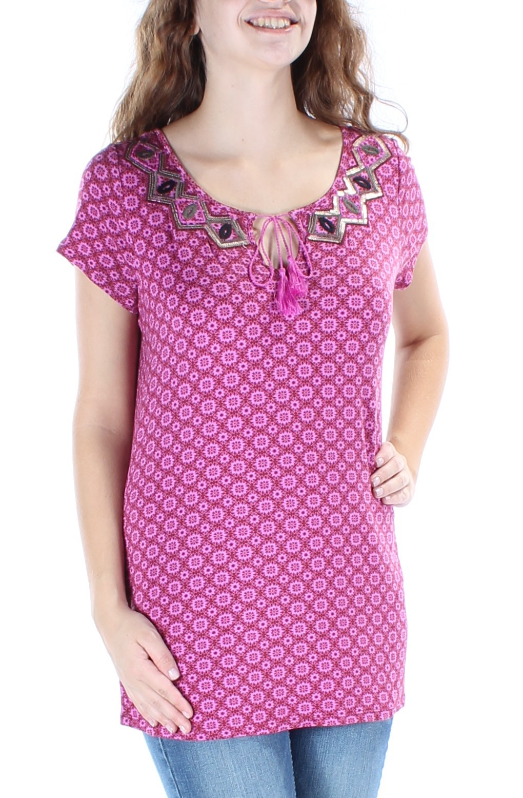 R&M Richards Women's Pink Printed V-Neck Cap Sleeve T-Shirt Size XS