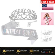 Stunning Rhinestone Tiara with Silver 'Birthday Queen' Sash - One Size Fits All