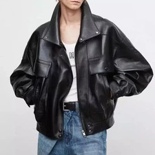 Oversized Black Genuine Leather Bomber Jacket Cargo Pockets Women