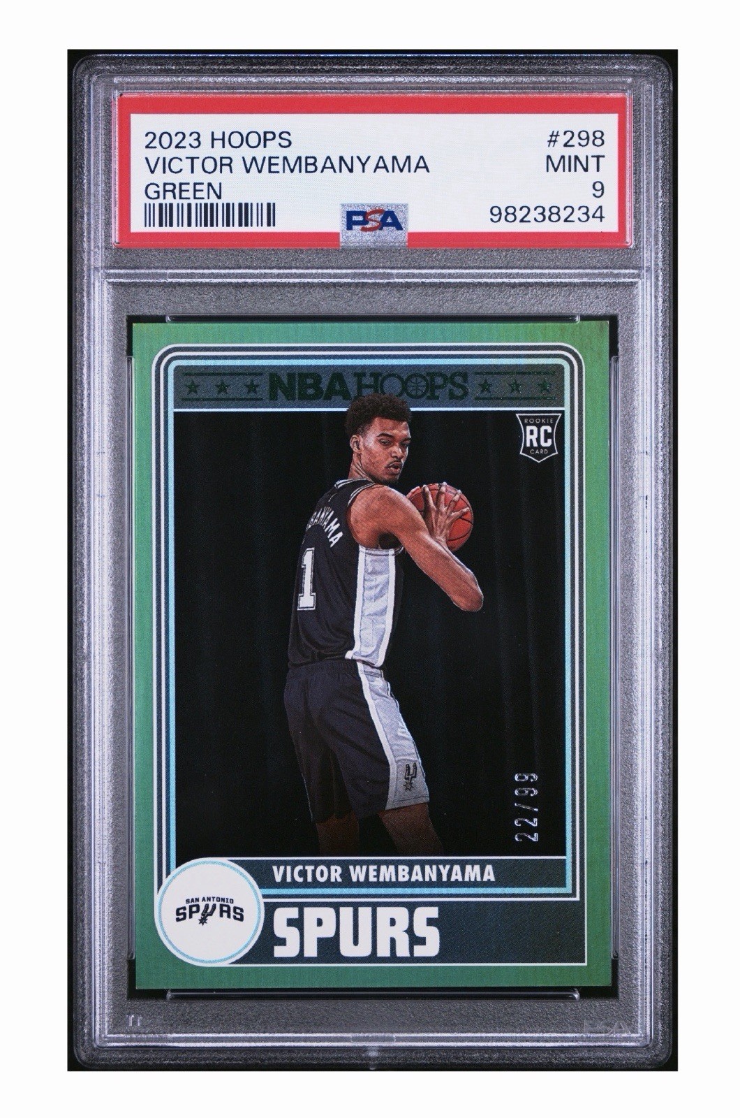 2023-24 Panini NBA Hoops Victor Wembanyama #298 RC Rookie Spurs Green /99 PSA 9