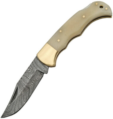 Damascus Camel Bone Lockback 3 3/4'' closed lockback. 2 3/4'' Damascus steel clip