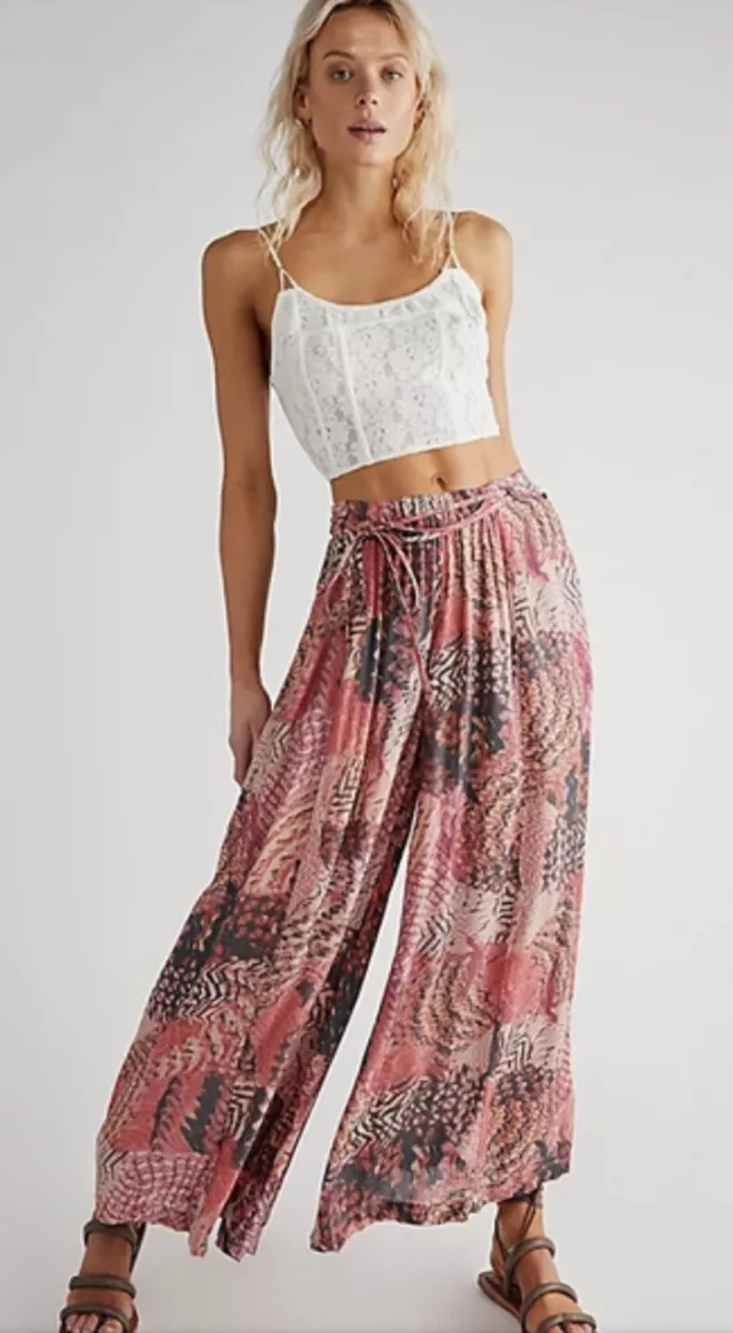 Free People Get Away Wrap Wide Leg Printed Pants Pink Black Orange Rust S  NEW