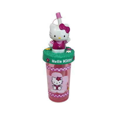 2001 SANRIO HELLO KITTY PINK PLASTIC 12 oz TUMBLER CUP W/ 3D TOPPER 250ml STRAW