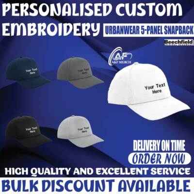 Personalised Custom Beechfield Your Text Embroidered Urbanwear 5-Panel Snapback