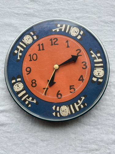 Vintage Cat Wall Clock, Black and White Striped Cat, Rare HTF, Works Great!!