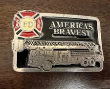 BELT BUCKLE VINTAGE AMERICAS BRAVEST FIREFIGHTER ENAMEL FRONT RARE HTF SHIPS NOW