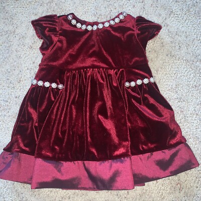 Rare Editions Velvet Holiday Dress Baby Toddler 6-9 Burgundy Red Pearl  Tulle | eBay
