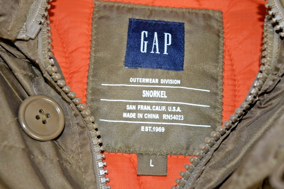 Abrigo Gap Vintage Talla L 00s Verde Militar Imitación Piel Capucha Edredón Naranja Forrado 2003 Foto 3 de 4