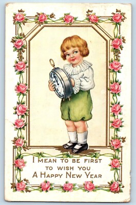New Year Postcard Child With Clock Roses Flowers Embossed Bloomfield IL c1910's