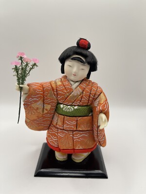 Japanese Mataro Doll Kimekomi Ningyo Kimono Figurine Wood Base
