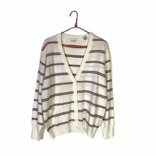 Vintage Lady LaMode White Mauve Purple Striped Cashmerlon Cardigan Sweater XL