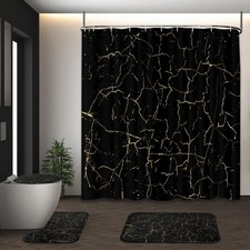 Black and Gold Marble Shower Curtain Set with Lid Cover and Non-Slip Rugs, Ab...