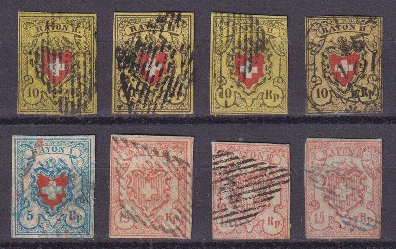 E7717: Switzerland #8 (4), #9, #12 (3), Used; CV $1300