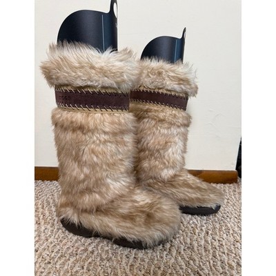 RARE Crocs Y2K Nadia Faux Fur Winter Boots Brown Shaggy Tall Pull On Women's 7