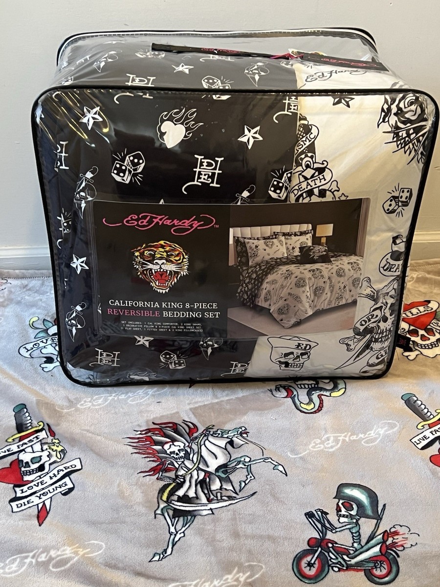 Ed Hardy King Comforter Set Reversible 8pc Black White Death Or