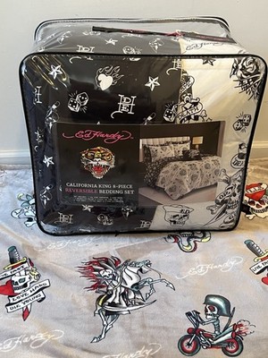Ed Hardy King Comforter Set Reversible 8pc Black White Death Or Glory Y2K NWT