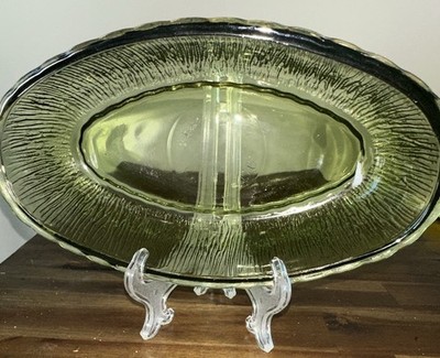 VTG FTD Avocado Green Glass Relish Dish Oval Serving Bowl Textured