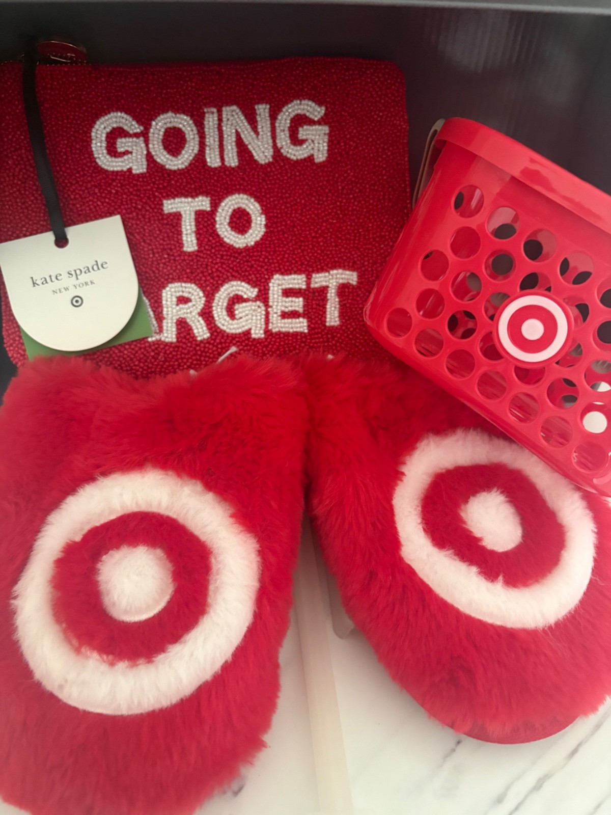 kate spade target beaded bag, Target slippers, and small target basket