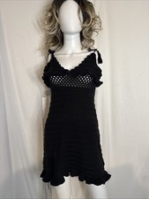 Womens Sz4 Black Crochet Sleeveless Ruffled Hem Dress Y2K Style Boho
