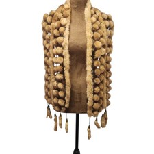 Vintage Real Mink Fur Pom Pom Wrap Scarf Tassel Trim Tan Brown Hand Knit Shawl