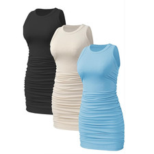 MEDIUM 3pk. Sleeveless Dress Crew Neck Slim Fit Ribbed Stretch Ruched
