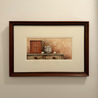 JM Standish Signed Still Life Basket & Drawers Print, Matted & Framed