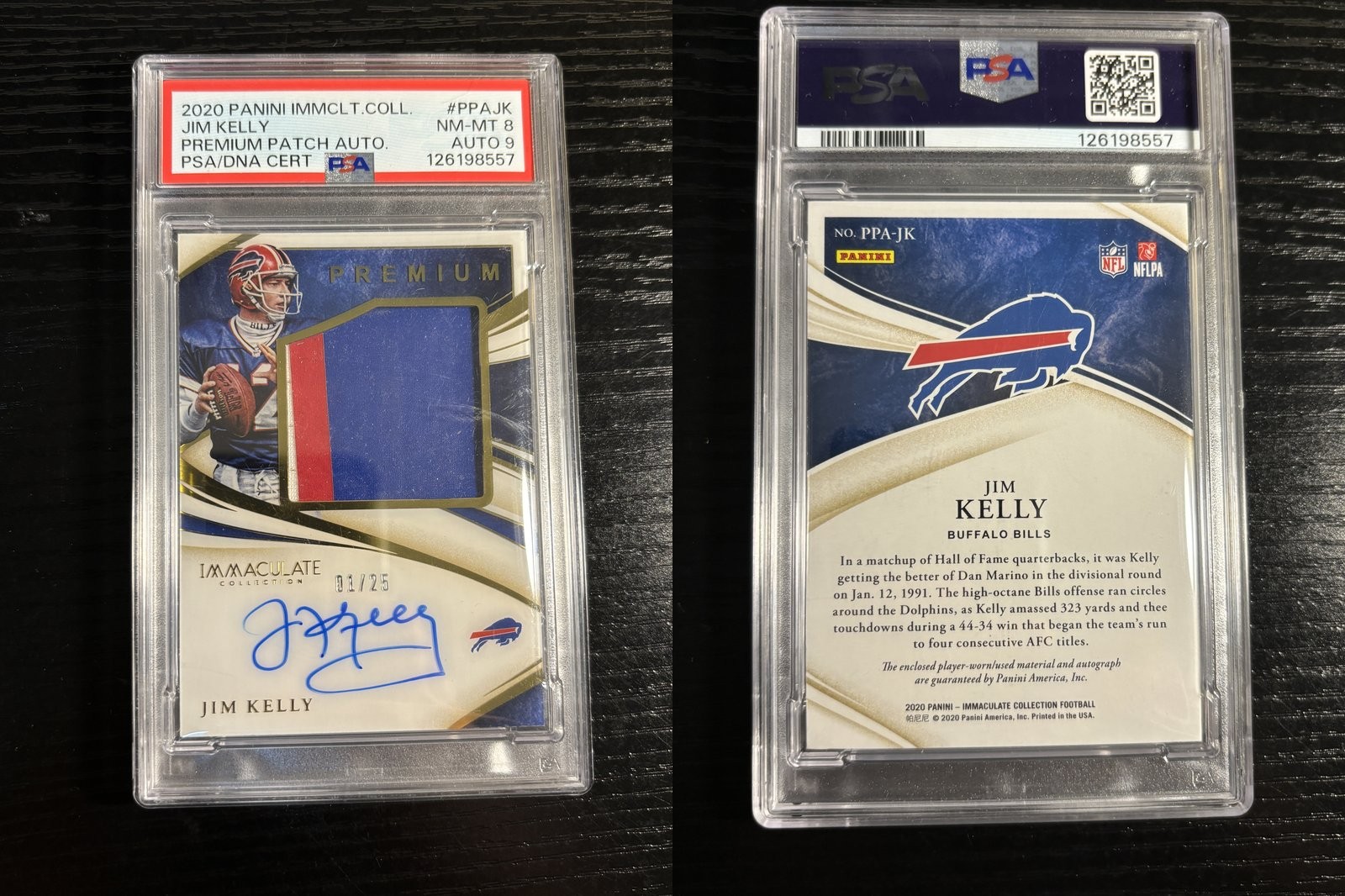 2020 Panini Immaculate Collection JIM KELLY #PPA-JK Premium Patch Auto /25 PSA 8 view 3