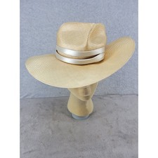 Philip Treacy London Cream Straw Wide Brim Hat Satin Bow Made in UK Designer